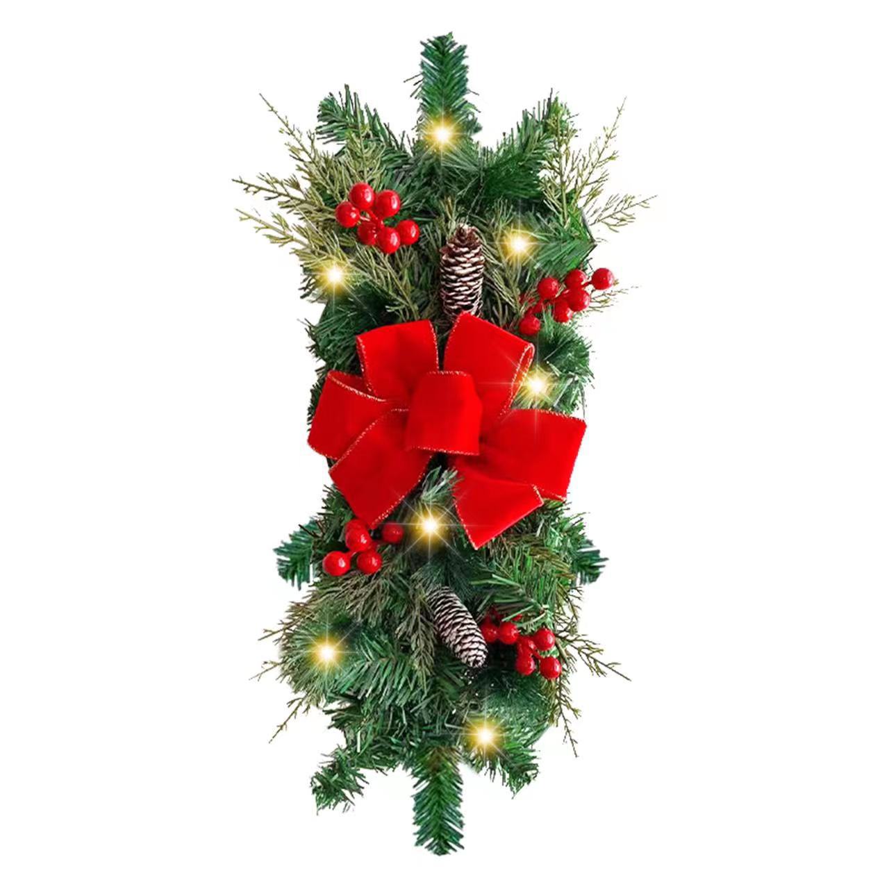 Christmas Wreath Hanging led Stairs Red Rattan Bow Wreath Pine Cone Decoration_voghion.com