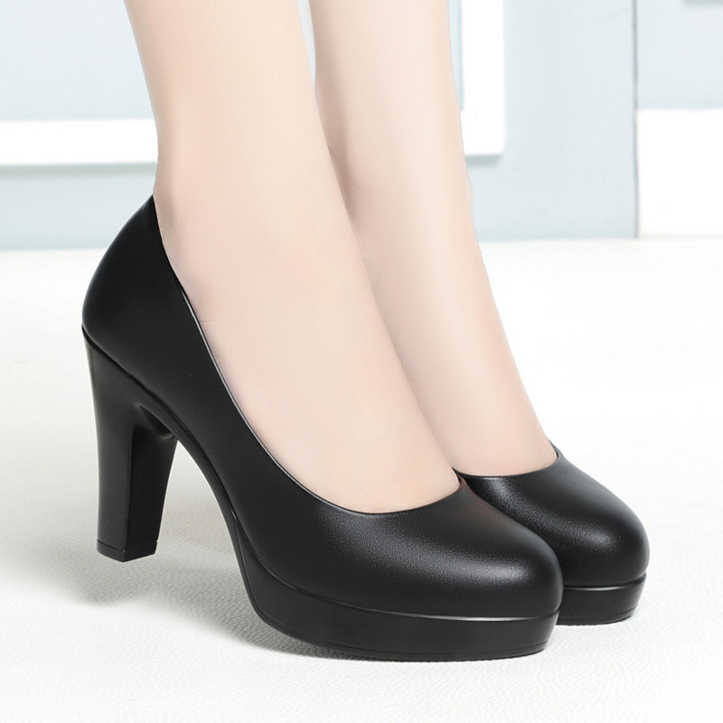 Model Cheongsam Special Show High Heels Women's Waterproof Platform Thick Heel Round Toe Shoes Black Work Shoes Women's Leather Shoes