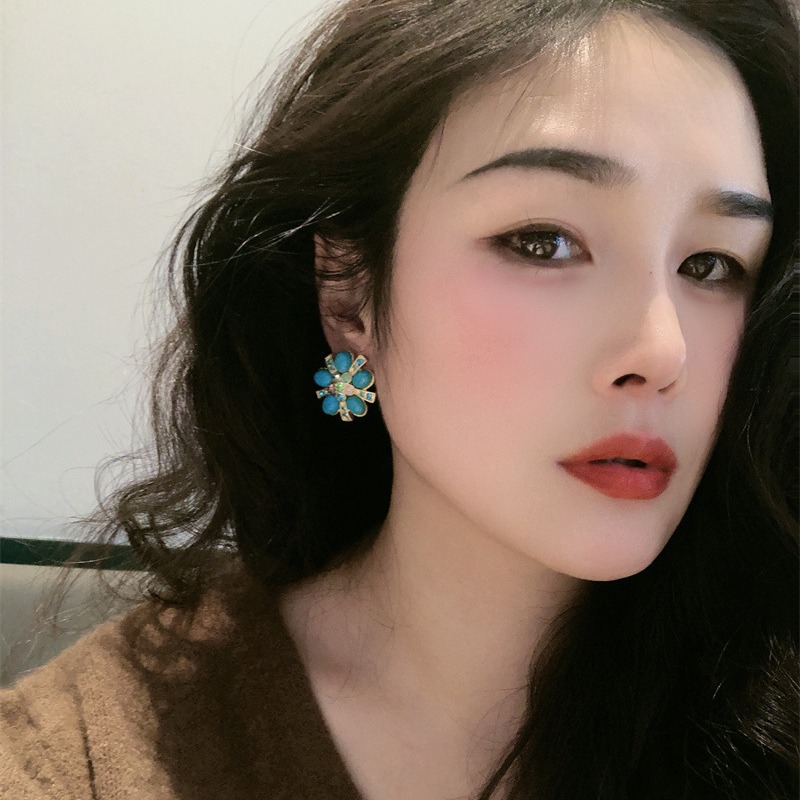 復古宮廷風沙金綠松石耳環高級感新款花朵彩鋯耳釘中古風個性耳飾