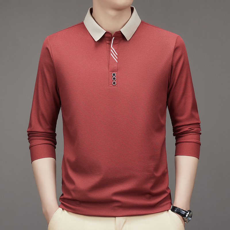 New Men's Autumn New Long-sleeved Polo Shirt Men's Business Scissor Collar Fit Solid Color Lapp Base T-shirt for Men