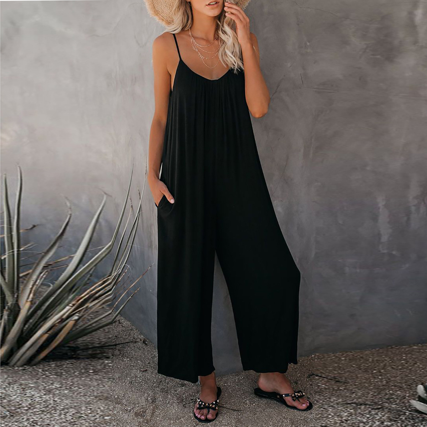Amazon European and American Strap Jumpsuit Women's 2023 Summer New Cross-border Solid Color Pocket Casual Jumpsuit