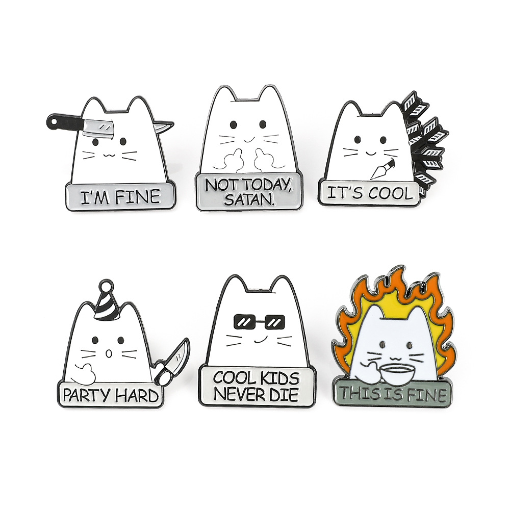 Cartoon funny white cat metal badge with a knife to play handsome arrow alloy paint drop oil brooch wholesale