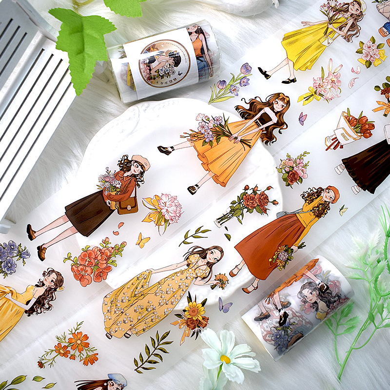 New product hand account tape watercolor flower fresh figure diy collage black and white decorative frame flower material pet tape