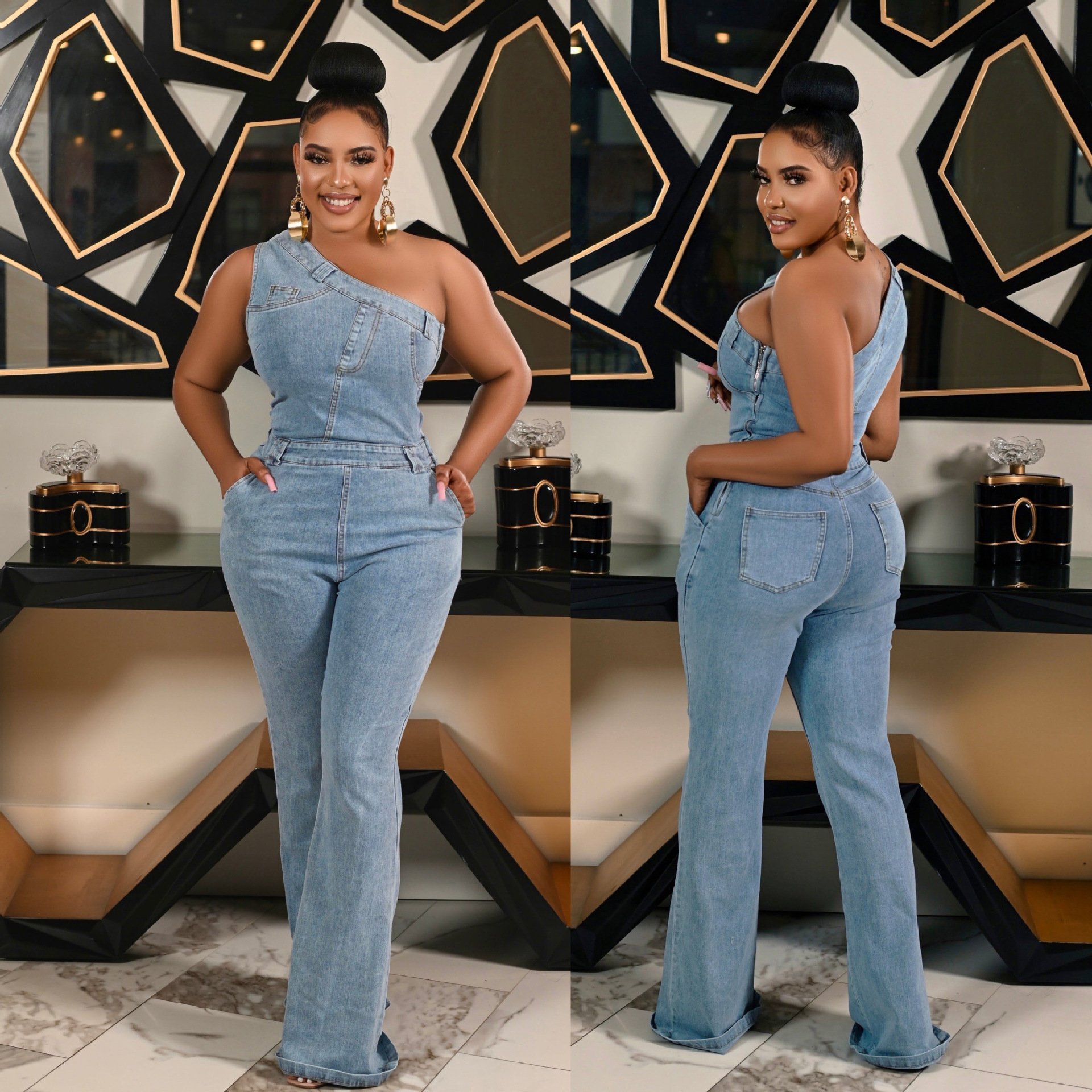 oblique shoulder tight waist slim stretch wash water Denim jumpsuit jumpsuit flared pants