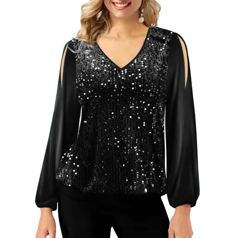  spring and summer European and American V-neck pullover tops with sequins and missing shoulders, fashionable lantern sleeves women's T-shirts