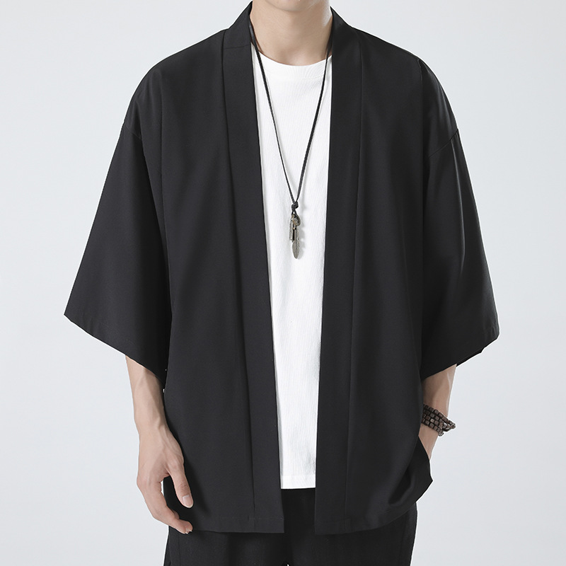 2023 Summer Men's Simple Solid Color Cardigan Ice Silk Casual Loose Chinese Style Seven-Sleeve Shirt Trench Coat for Men