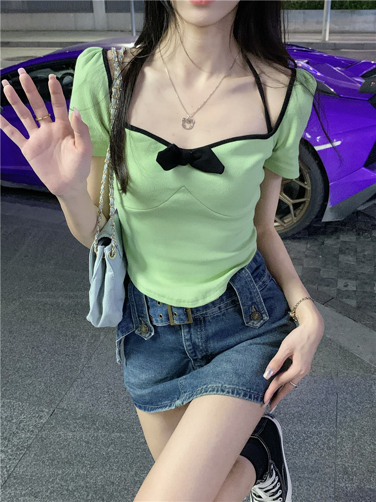 Pure Desire Bow U Neck Sexy Collarbone T-shirt Women's Summer Spice Girls Short-sleeved Top Short Low-cut Tight Base Shirt