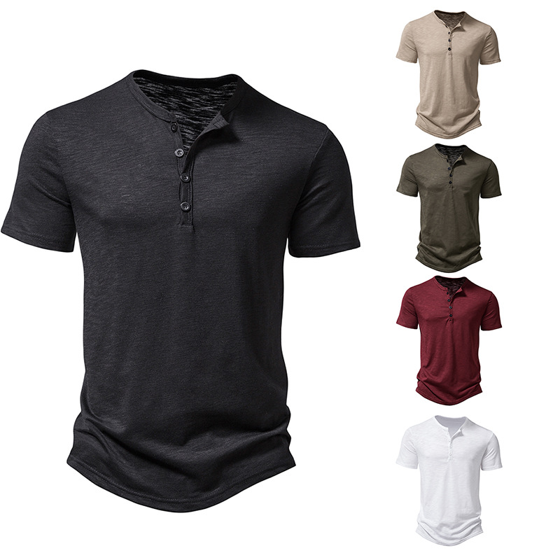2023 Foreign Trade New European and American Men's Solid Color Henry Collar Polo Shirt Men's Fashion Casual Loose Short-sleeved T-shirt