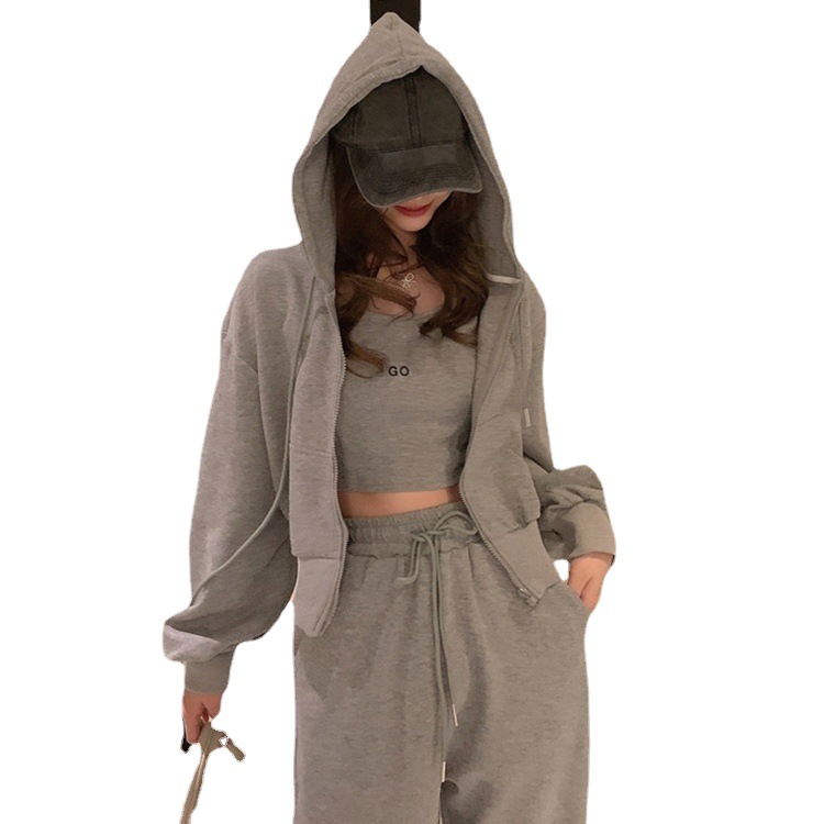 2025 Early Spring Hong Kong Style New Leisure Sports suit Women's Trousers Zipper Sweatshirt Jacket Women's Sling Three-Piece Trendy