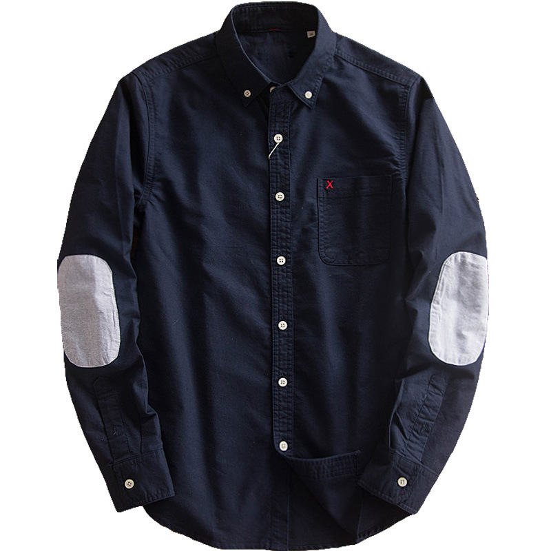 Pure Cotton Oxford Spinning Shirt Men's Long-sleeved Japanese Style Retro Elbow Patched Shirt Men's Yu Wenle Trendy Brand Top