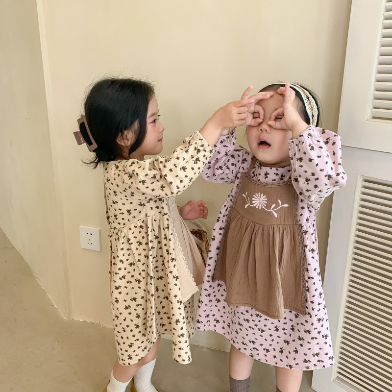 森系女童連衣裙復古女寶寶公主裙春秋季新款韓版童裙碎花兒童裙子