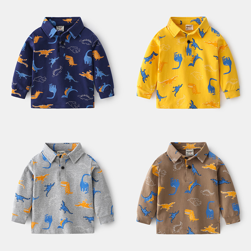Long-sleeved non-hooded top for boys, 2023 Spring, long-sleeved POLO shirt, cartoon soft and comfortable collar children's clothing