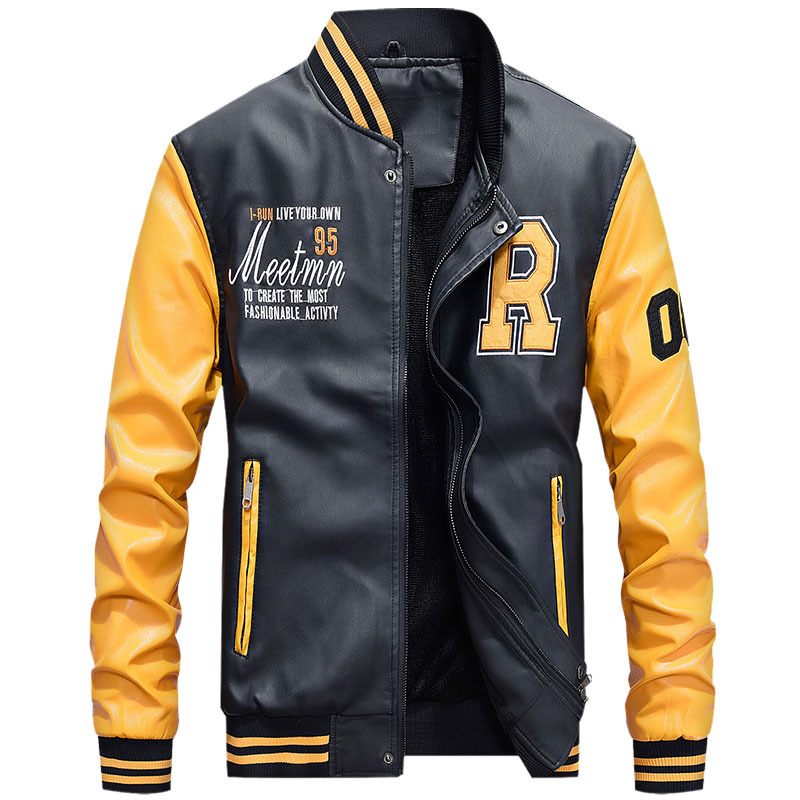 2023 Spring and Autumn New Youth Baseball Suit Fleece PU Leather Men's Motorcycle Jacket Coat Tough Guy Leather Coat
