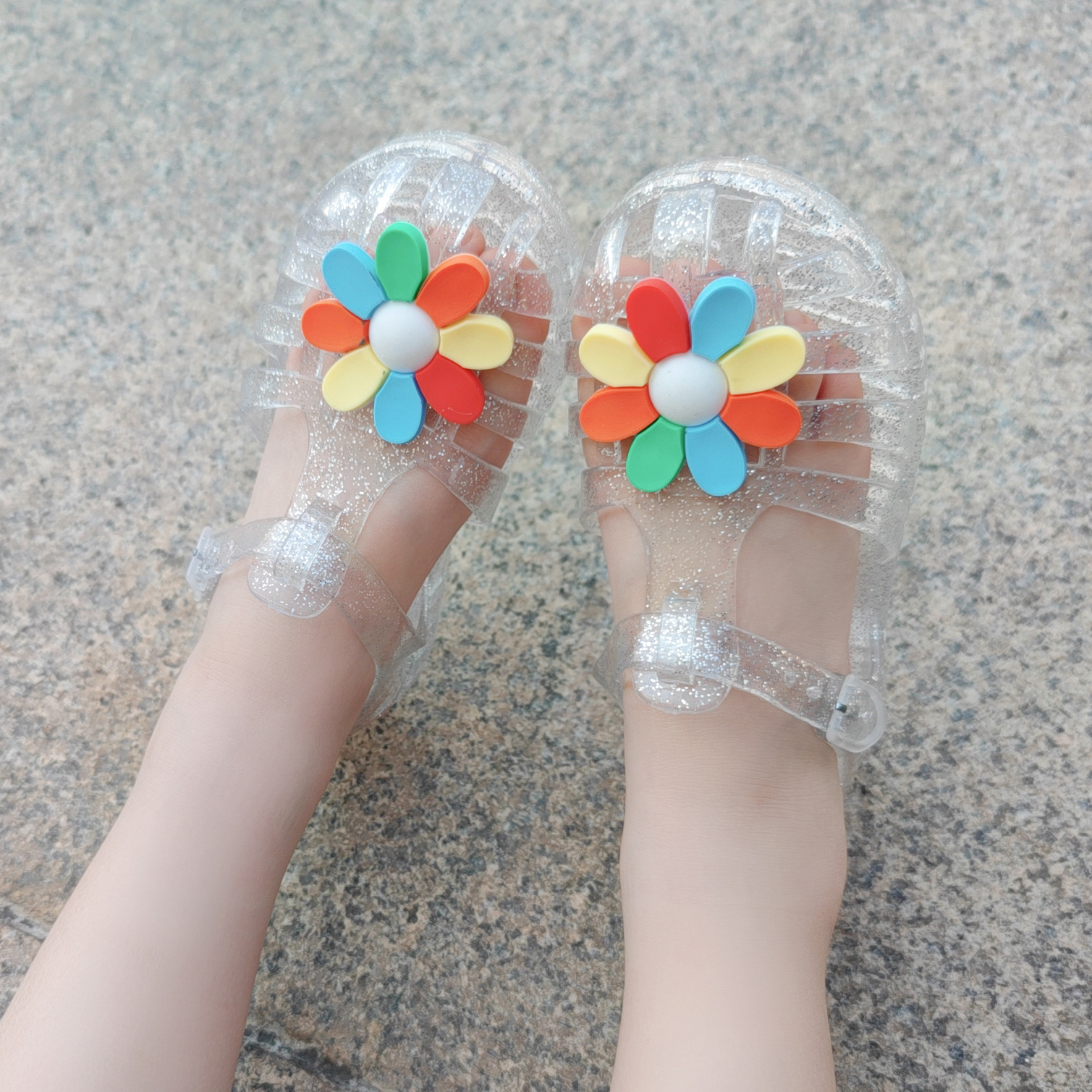 European and American New Summer Baby Girl Baotou Jelly Slippers Children's Seven Color Flower Princess Shoes Roman Beach Shoes