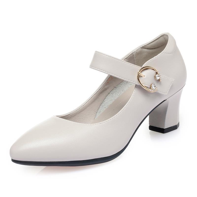 Mom's shoes for spring and autumn new soft sole thick heels one-liner high heels single shoes for women's mid-heel round-toe women's leather shoes