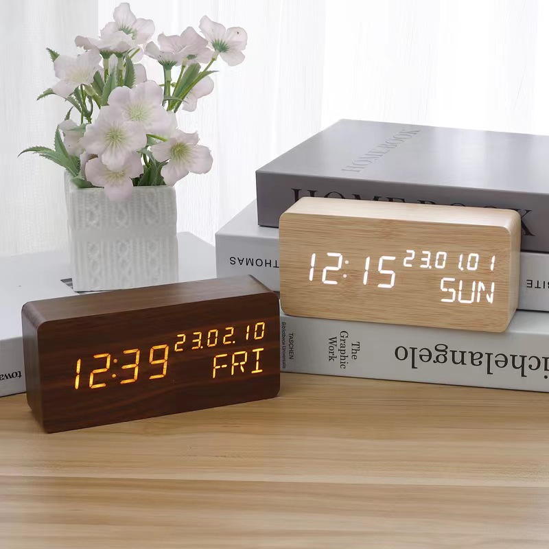 Calendar wooden clock electronic clock LED date week temperature display electronic alarm clock manufacturer wholesale