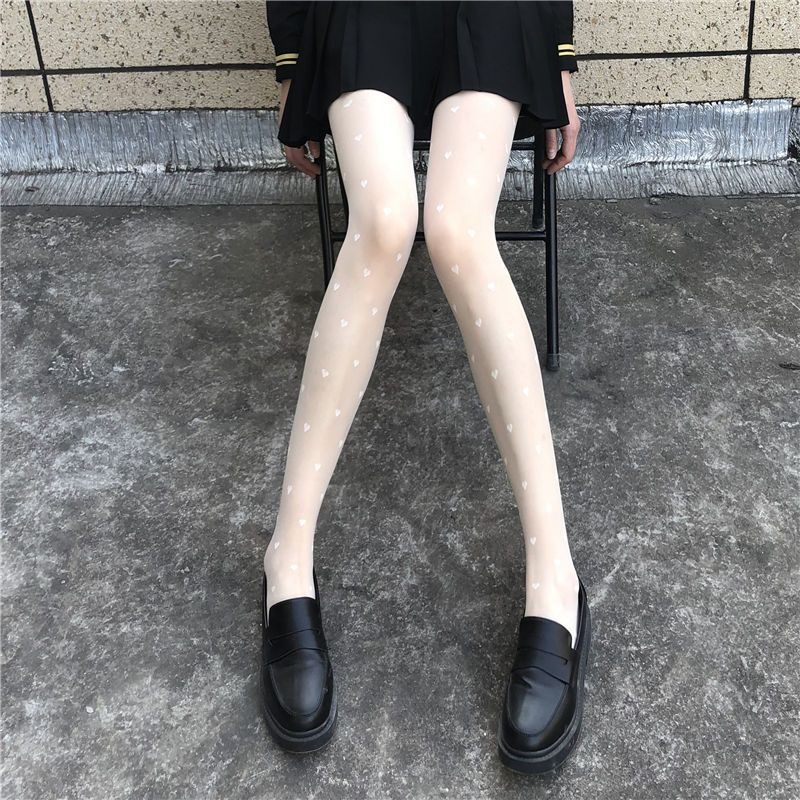 Japanese thin pantyhose with black silk pattern, love jacquard stockings, polka dot pantyhose, JK Lolita