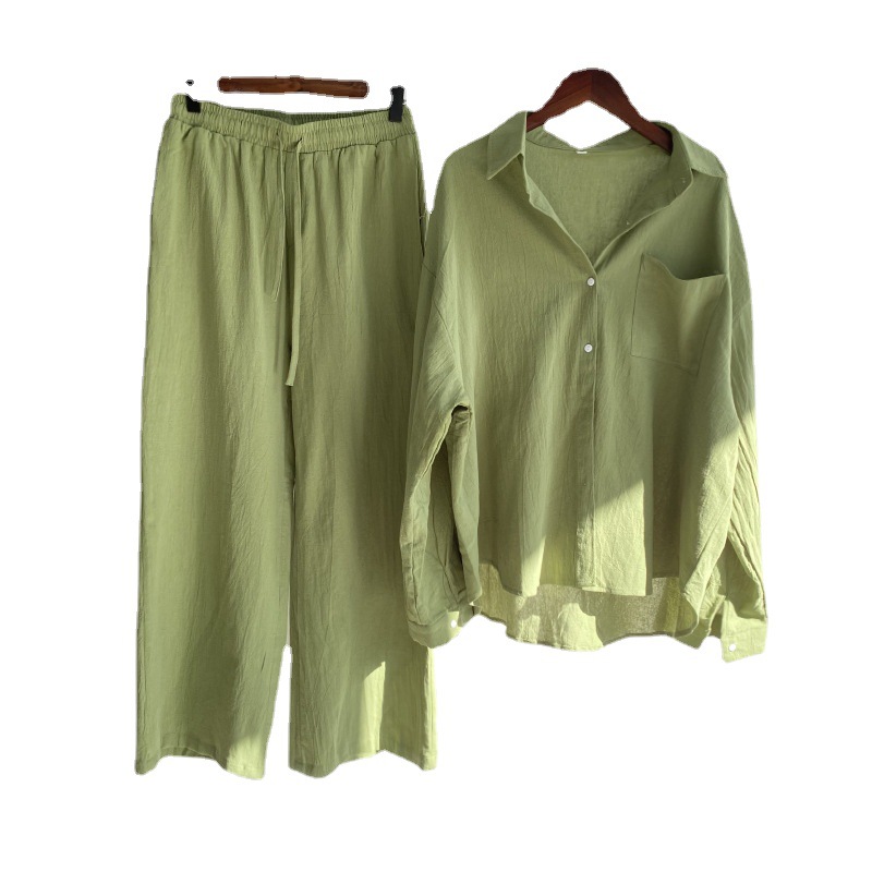 Cross-border Women's 2-piece Vintage Plus Size 2022 Cotton and Linen Shirt Set High Waist Loose Trousers_voghion.com