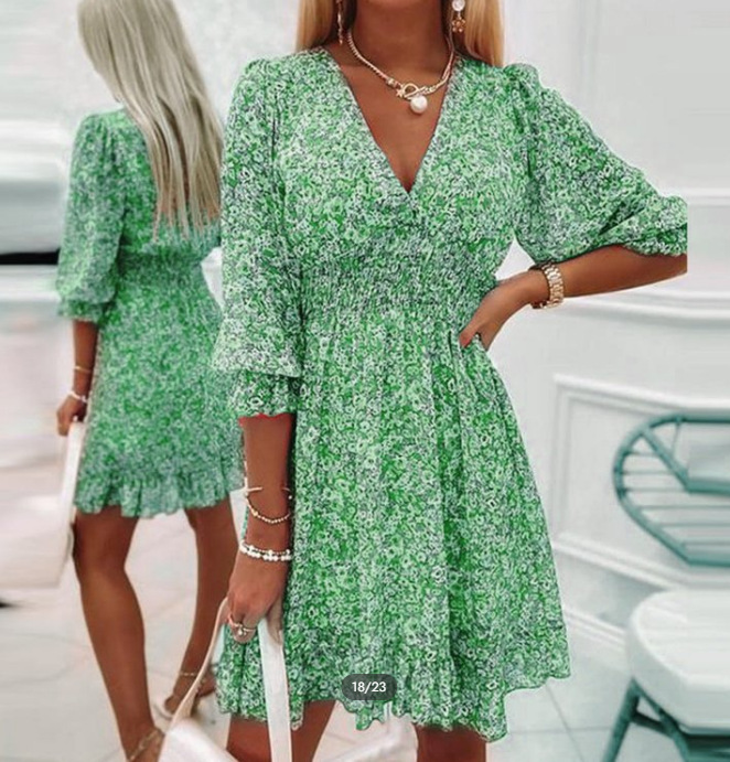 2023 European and American Cross-border New Mid-length Dress with Waisted Pullover Bohemian Printed Short-sleeved Floral Dress