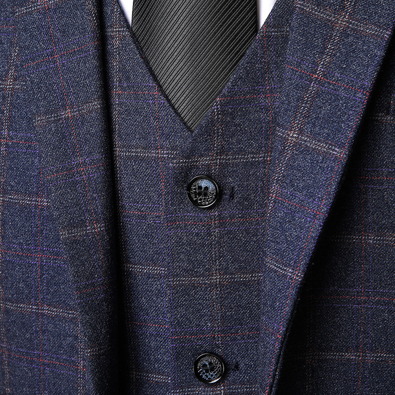 Men's Three-Piece Small Suit Men's Slim-Fit Plaid Dress Men's Casual Korean-Style Trendy Groom Suit