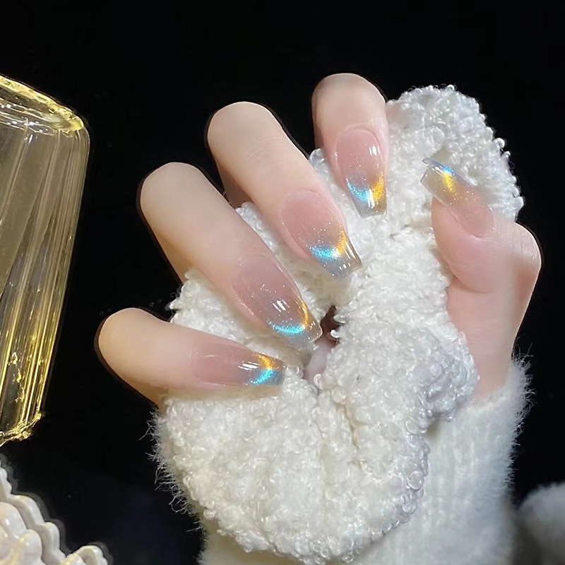 Flash cat eye nail polish wearable nail piece French gradient two-color nail sticker finished fake nail Aurora White nail