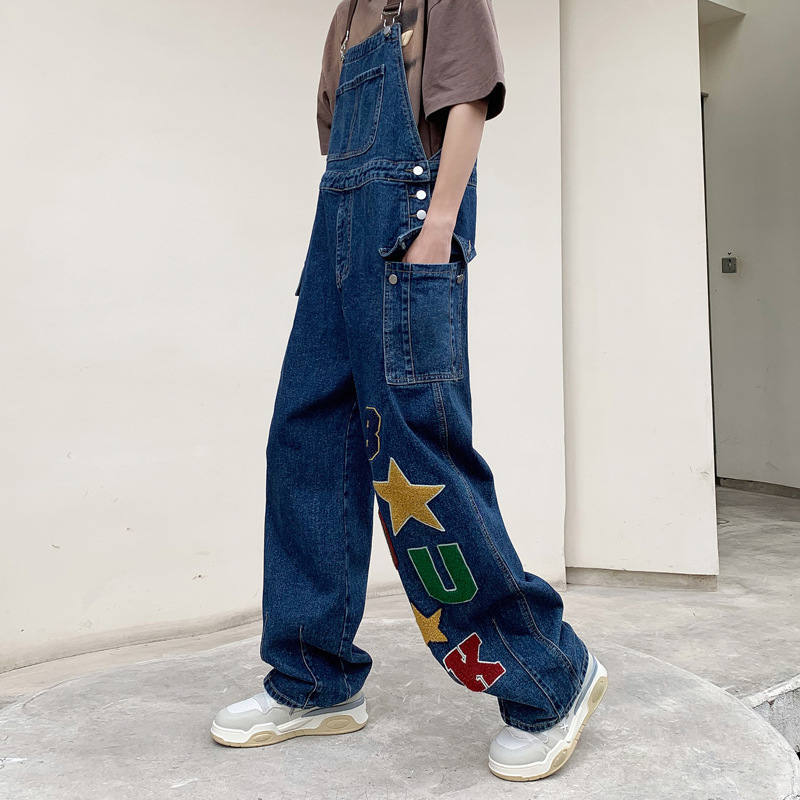 Hip Hop Retro Towel Embroidered Denim Strap Pants for Men and Women Autumn 2023 New Loose Straight Harron Wide Leg Pants