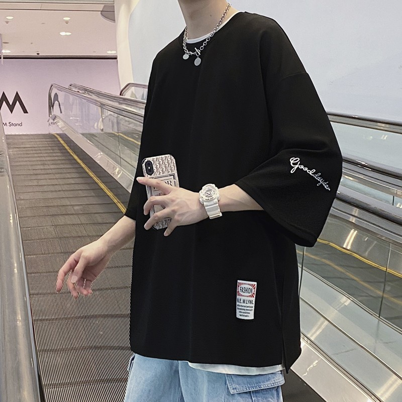 Printed three-quarter sleeve men's T-shirt summer fashion brand trendy loose plus size half sleeve T-shirt heavy short sleeve Ice Silk clothes