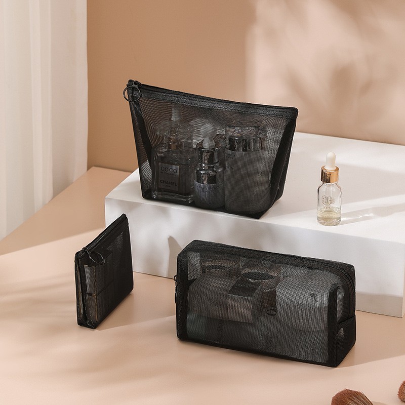 Amazon hot selling transparent net storage bag large capacity mesh cosmetic bag portable travel wash bag three-piece set