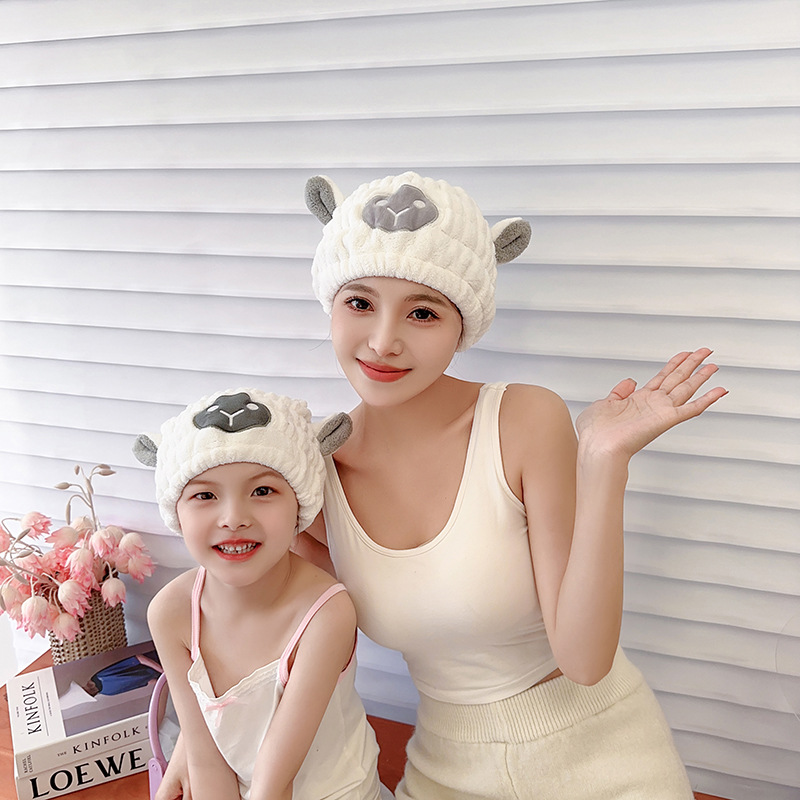 Hair drying cap wholesale coral fleece cartoon lamb absorbent hair drying cap parent-child suit absorbent shower cap one-piece delivery