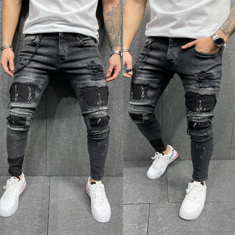 European and American Men's Ripped Printed Jeans Amazon Sell New Stretch Peg Jeans