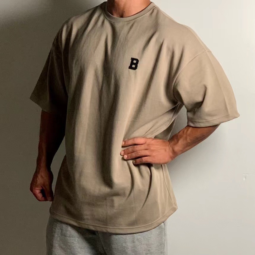 Large Size Loose Short Sleeve Men's Muscle Shoulder Half Sleeve Summer Sports Fitness Top 230g Cotton Heavy Weight T-shirt