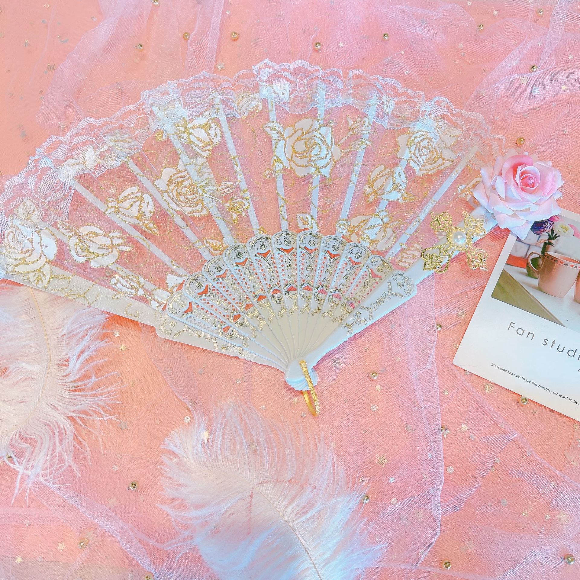 lolita lace fan gorgeous retro European style rose folding fan tea party style dark dead comic exhibition cos props