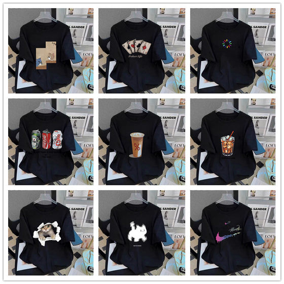 Trendy Brand Internet Celebrity Cotton T-Shirt 2024 New Men's Loose plus size Crewneck Printed Sports Base Top T