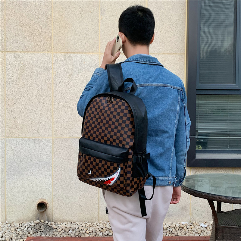 New Leisure Men's Dual-Shoulder Bag Shark Travel Backpack Student School Bag Fashion Checkered Laptop Bag Handheld