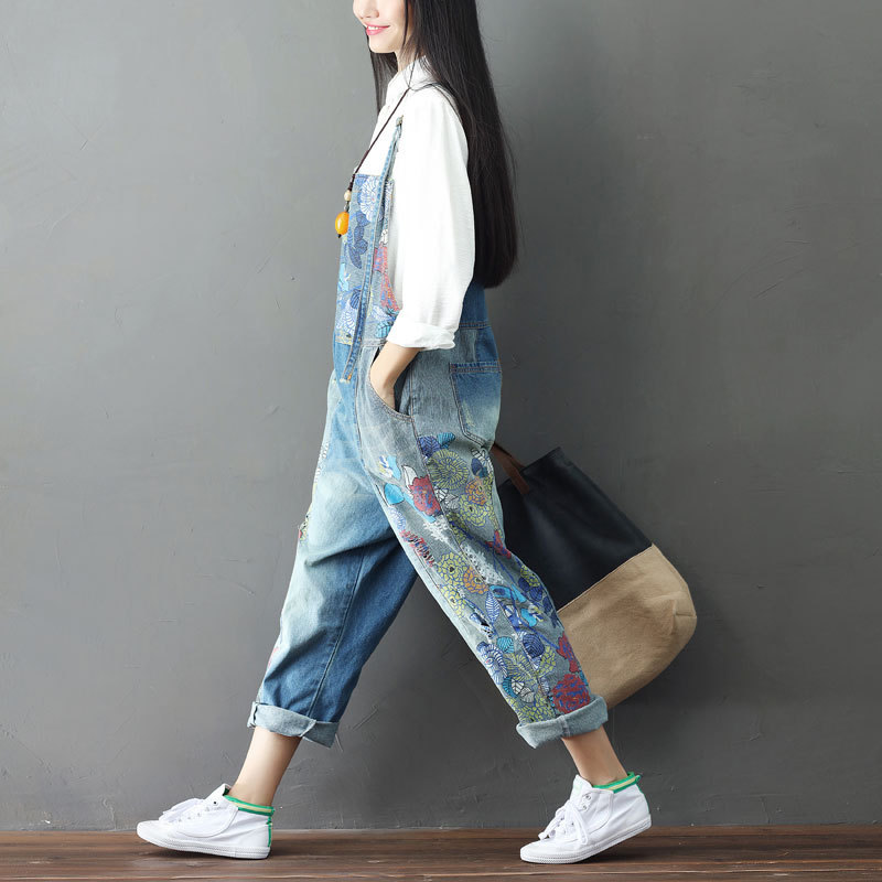 2024 distressed stitched jeans women's large size printed suspenders large crotch suspenders vagrant