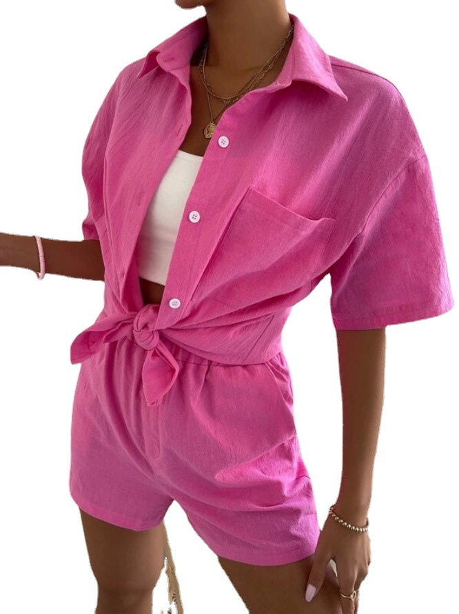 Amazon Foreign Trade 2023 Cotton and Linen Fashion Suit Solid Color Pocket Patch Shirt and Shorts Solid Color Short Sleeve