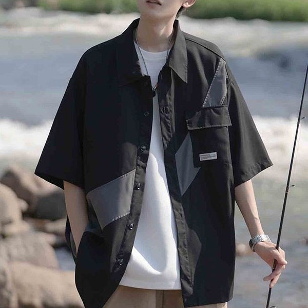 Workwear short sleeve shirt men's summer new Japanese retro color matching half sleeve shirt American fashion brand Pu handsome coat