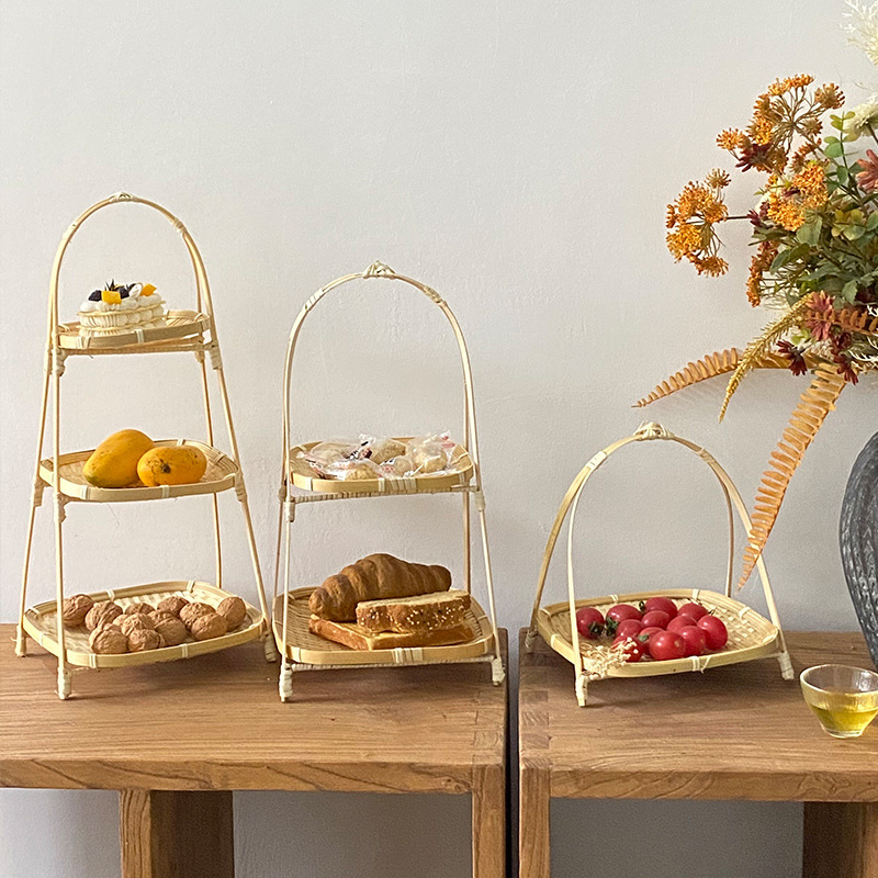 Bamboo Wavings Small Basket Round Square Refreshment Fruit Cake Dried Fruit Snacks Multi-Layer Bamboo Storage Basket Bamboo Products