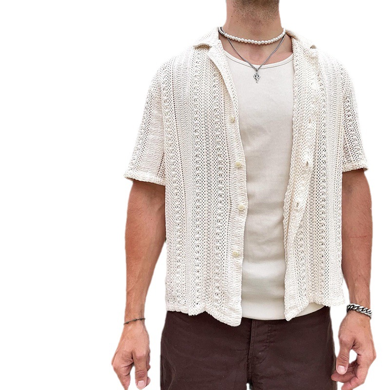 Casual Draping Hollow Lace Shirt Men's Shirt European Station Men's Casual Fashion Boys Short Sleeve Wholesale