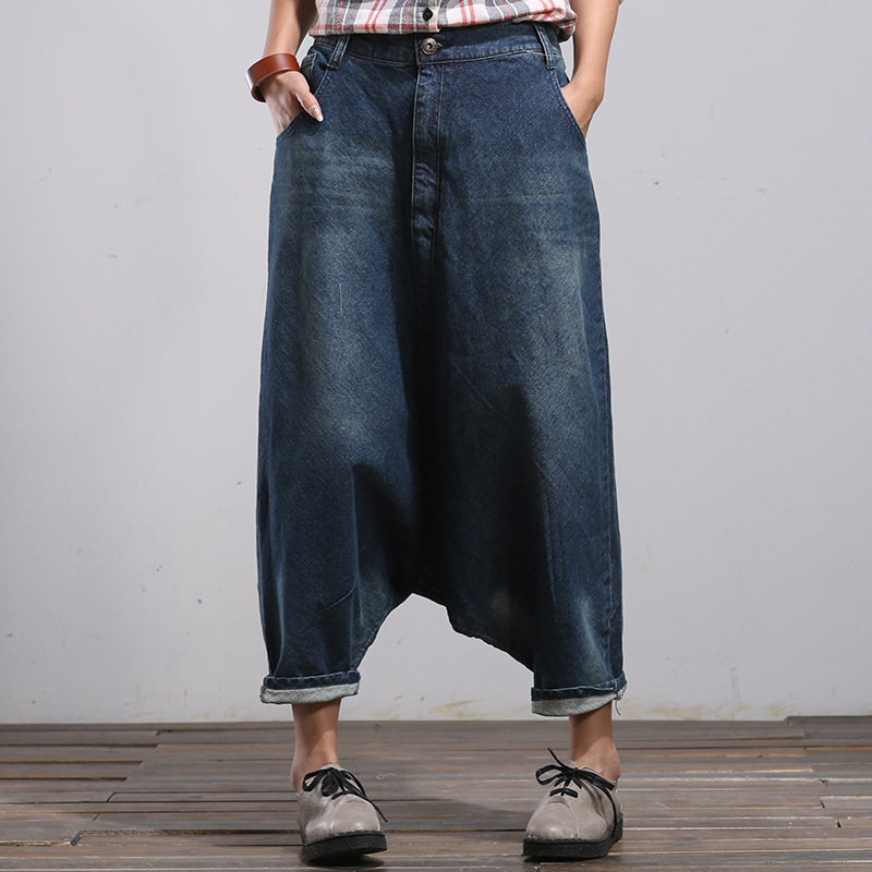 2024 new artistic blue twill cotton Denim large pull-up pants harem pants factory wandering notes