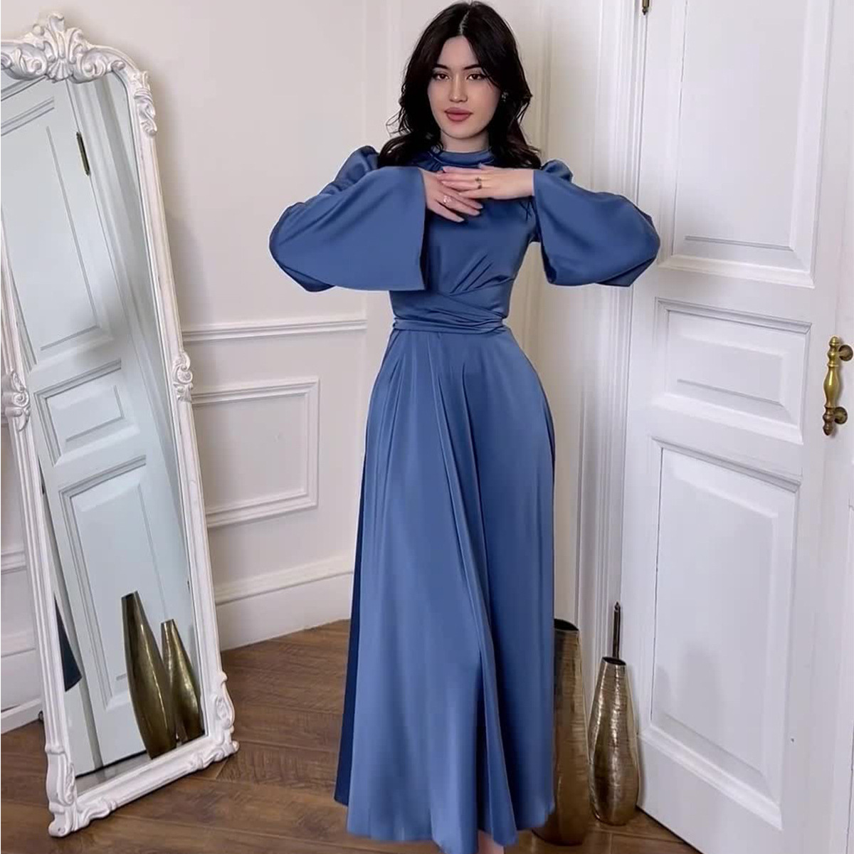 Amazon Europe and America 2024 Spring New Strap Solid Color Satin Princess Style Slim-fit Dress