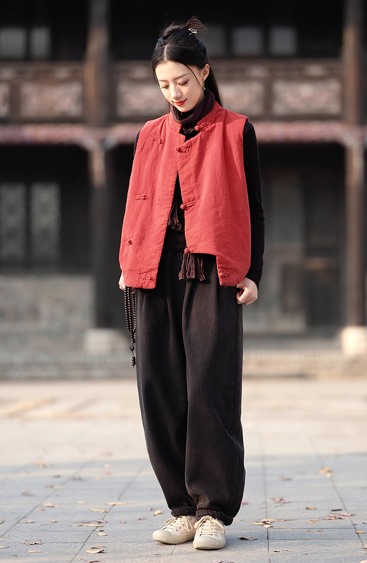 23 cotton and linen women's clothing New National style vintage buckle cotton vest top women's sand wash linen quilted warm vest_voghion.com