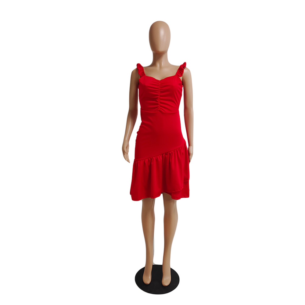 DY6949 Amazon European and American women's independent stand solid color sexy irregular ruffled slim dress dress