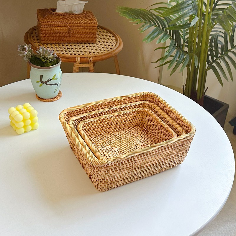 Vietnamese rattan woven storage basket for home, bread, desktop tea time snacks, fruits, square woven basket