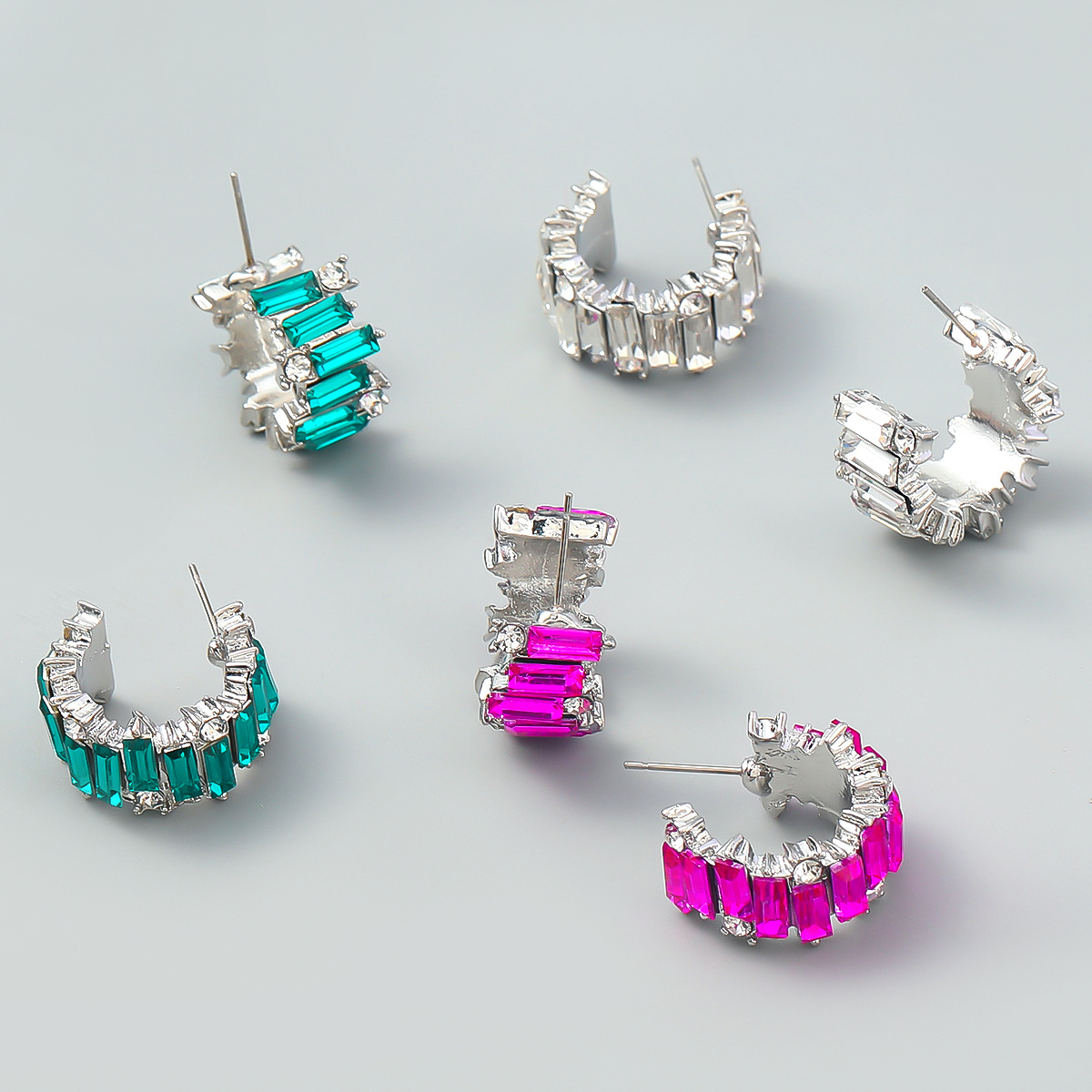 ins風網紅合金鑲鑽長方形水鑽C字形耳環歐美簡約氣質耳釘earrings