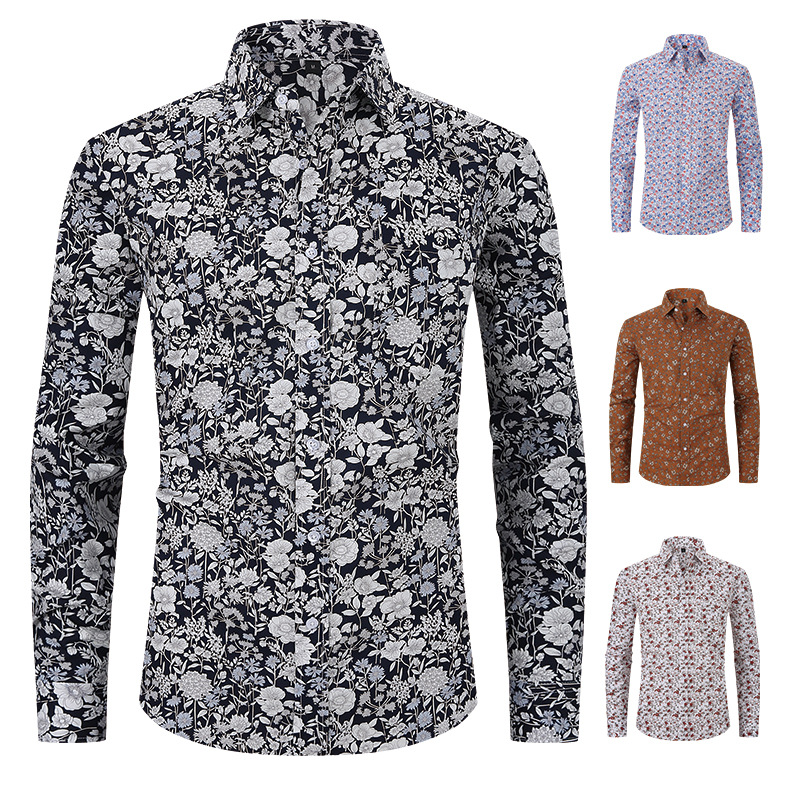 Men's New Printed Foreign Trade Shirt Spring and Summer Cross-border Lapel Long-sleeved Loose American Size Men's Large Size Shirt Men's Autumn