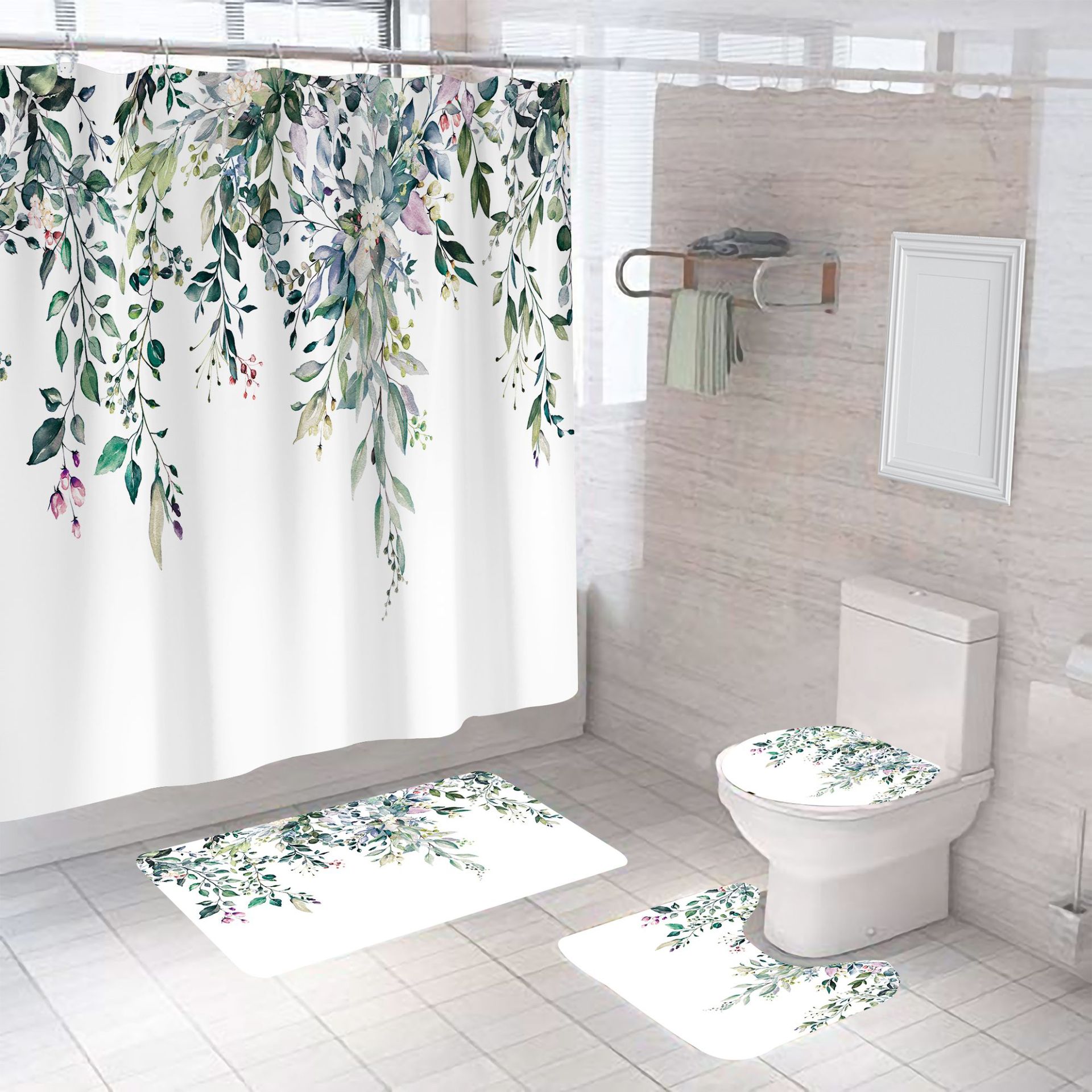 Shower curtain bathroom curtain bathroom curtain leaves Series 3D digital printing non-perforated factory direct supply