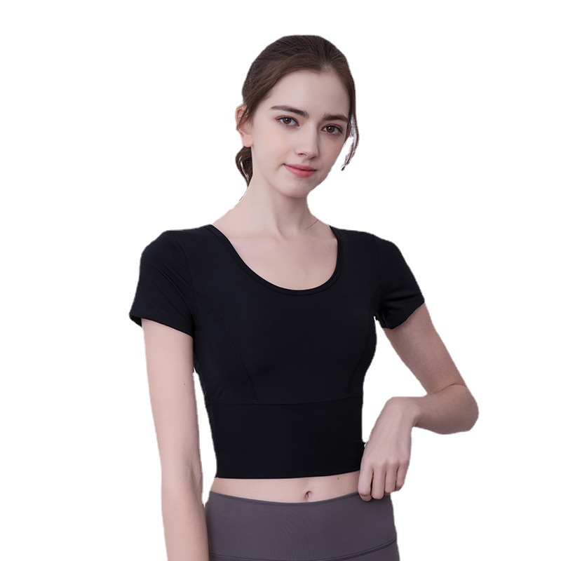 Spring and Summer New Beautiful Back Yoga Clothes Short-sleeved Top Women's Naked Sense with Chest Pad Sports T-shirt Pilates Running Fitness