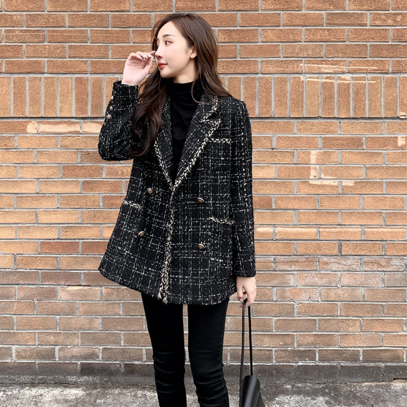 2023 Autumn and Winter New Women's Loose Plaid Woolen Coat Chanel Style Tweed Socialite Stitching Small Suit for Women