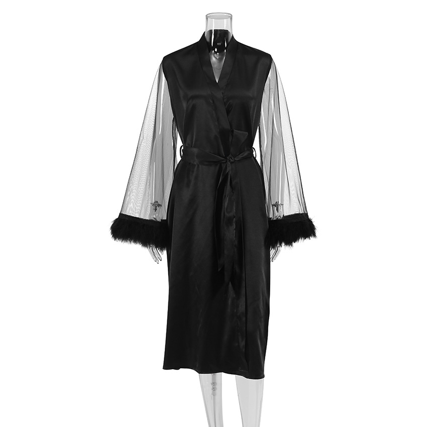 Autumn 2023 New European and American Cross-border Pajamas Fashion Feather Stitching Mesh Purple Nightgown Women's Home Clothes